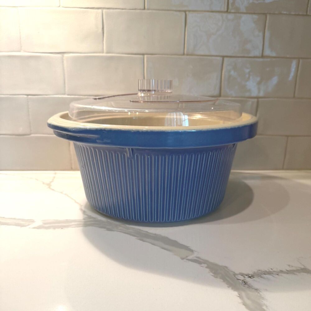Vintage Rival Crockpot Replacement Blue Ribbed Bowl & Clear Plastic Lid - 3355